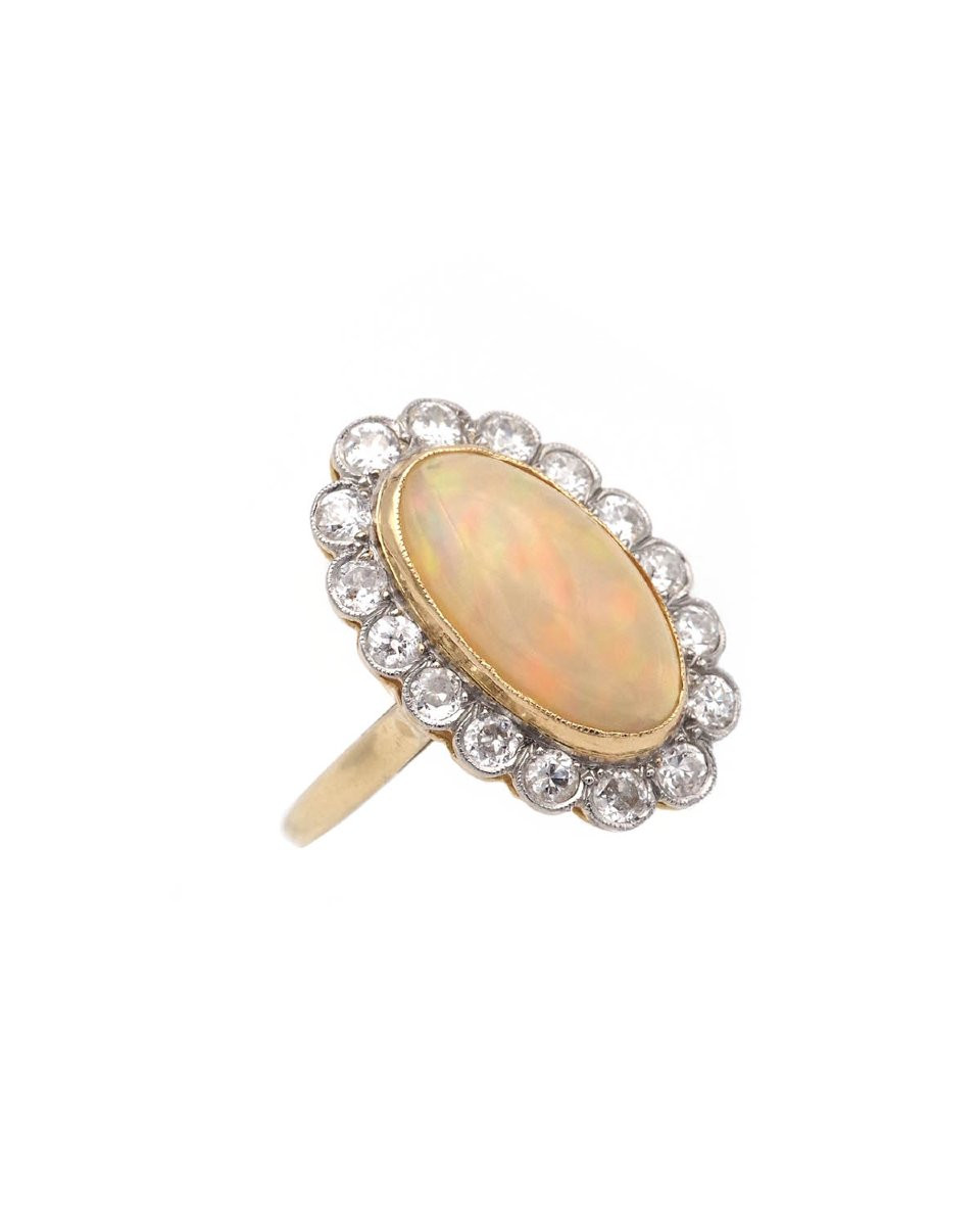 French Belle Epoque Opal Diamond Cluster Ring In 18k Gold And Platinum-photo-5
