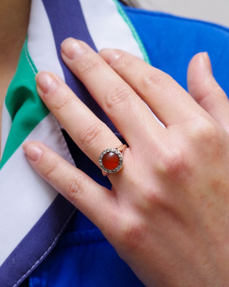 Bague ancienne cornaline diamants or 18 karats et argent -photo-1