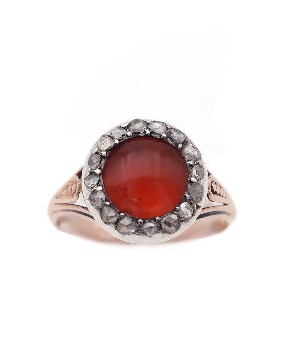 Bague ancienne cornaline diamants or 18 karats et argent 