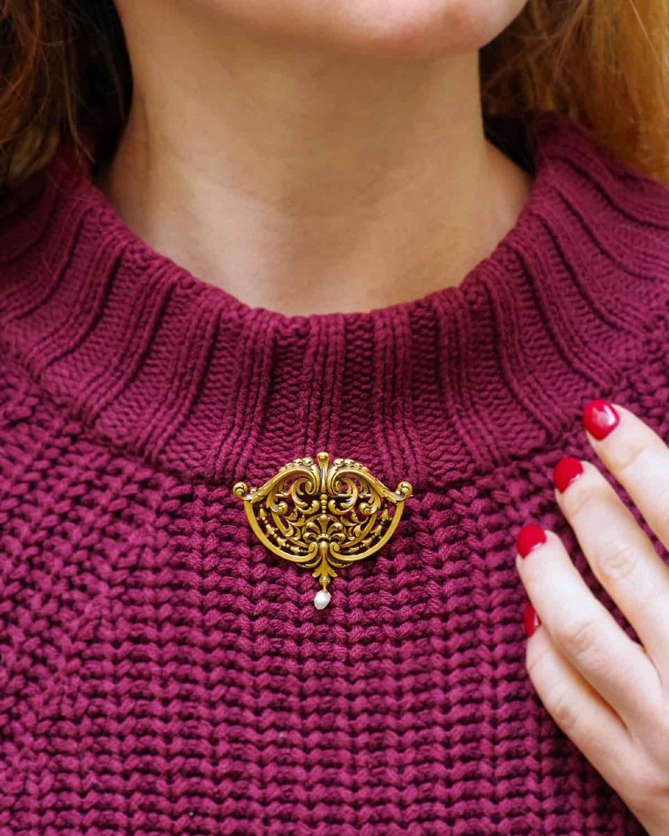 Broche transformable néogothique en or 18k, perle fine-photo-2