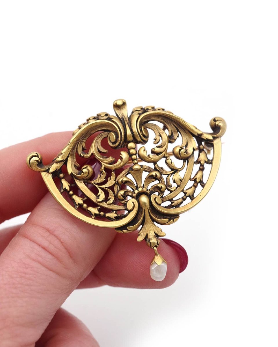 Broche transformable néogothique en or 18k, perle fine-photo-4