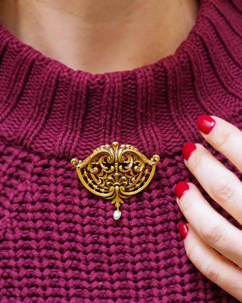 Broche transformable néogothique en or 18k, perle fine-photo-3