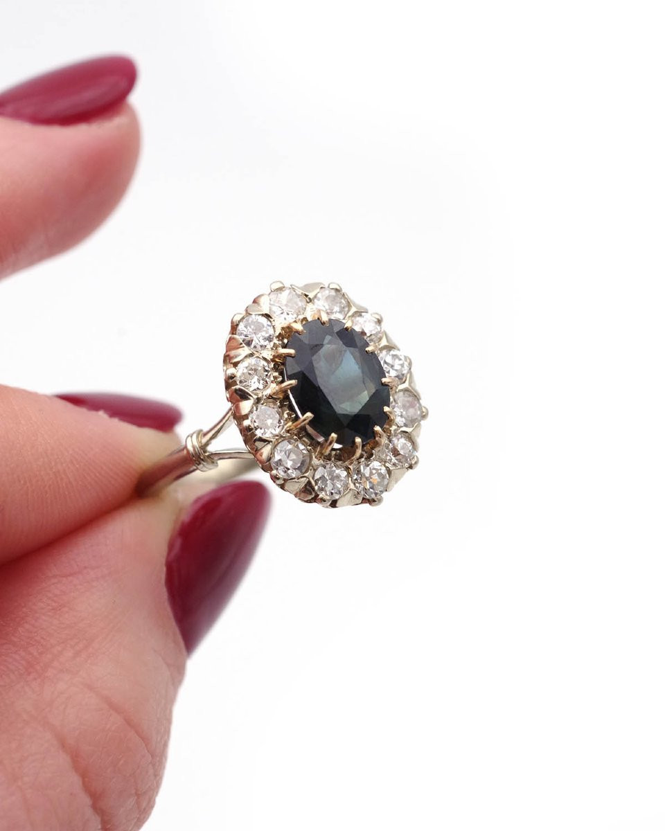 Bague marguerite saphir 1.80 ct et diamants en or 18 karats, bague de fiançailles-photo-2