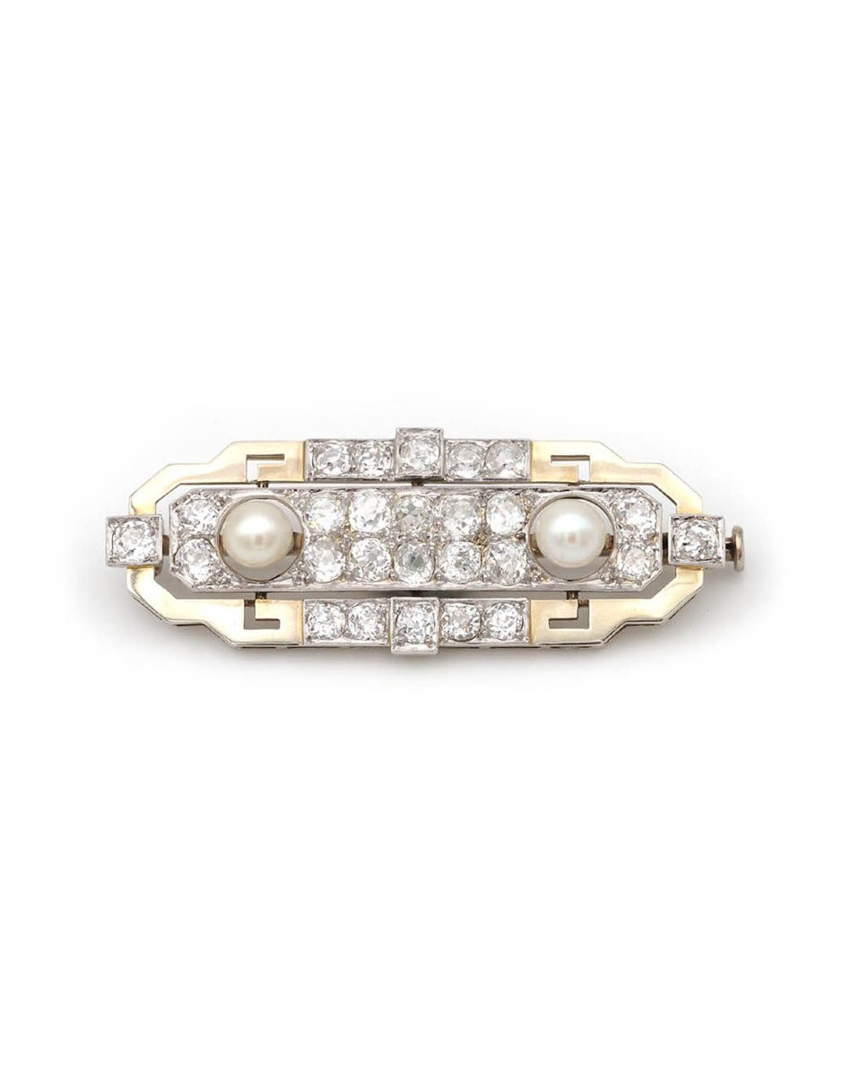 Art Deco Diamond And Pearl Brooch In 18k White Gold -photo-2