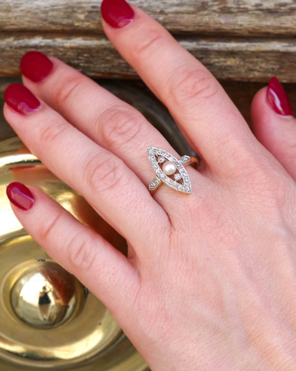 Bague marquise perle fine et diamants en or 18 karats et platine, bague belle époque -photo-1