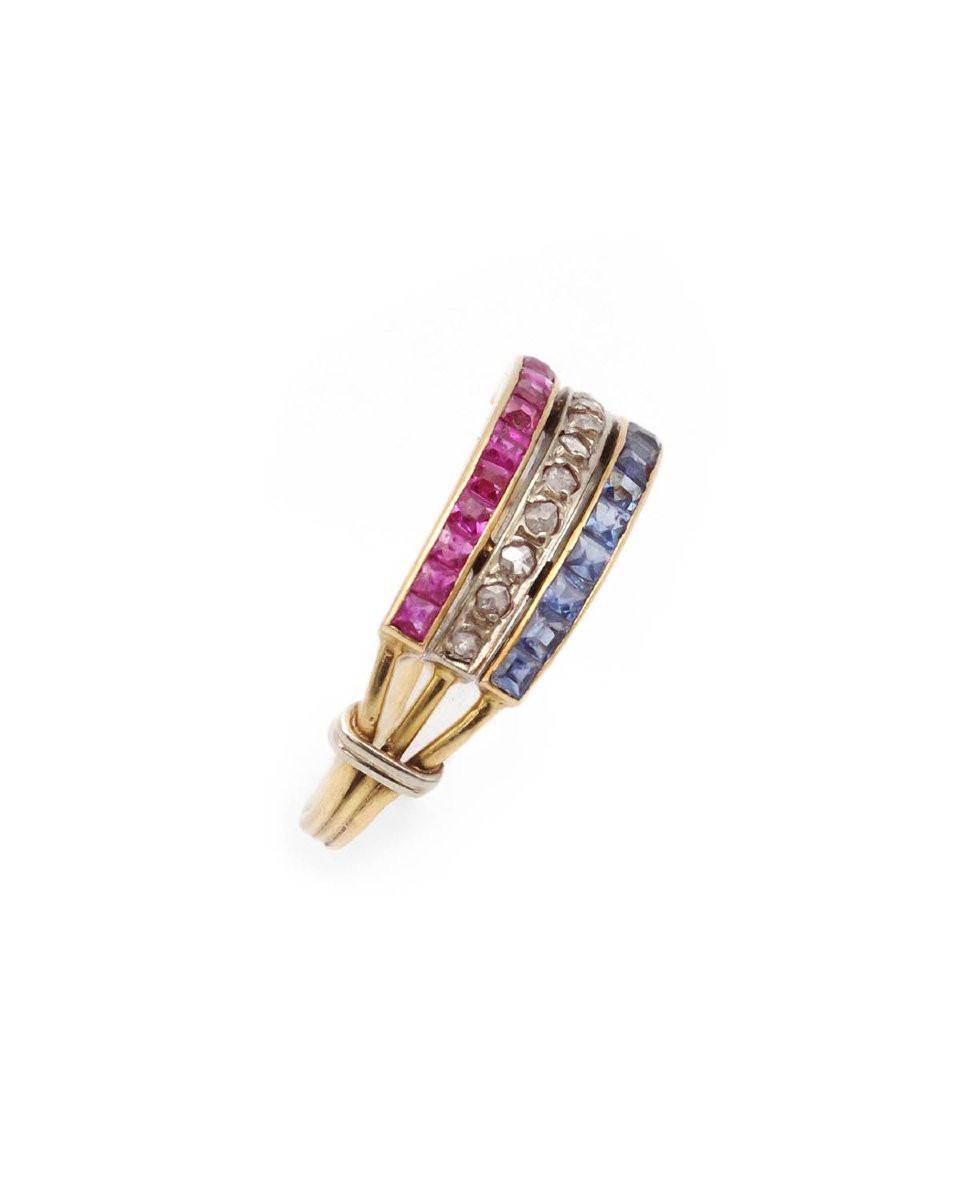 Art Deco Patriotic Ring In 18 Karat Gold, Sapphires, Rubies, Diamonds-photo-2
