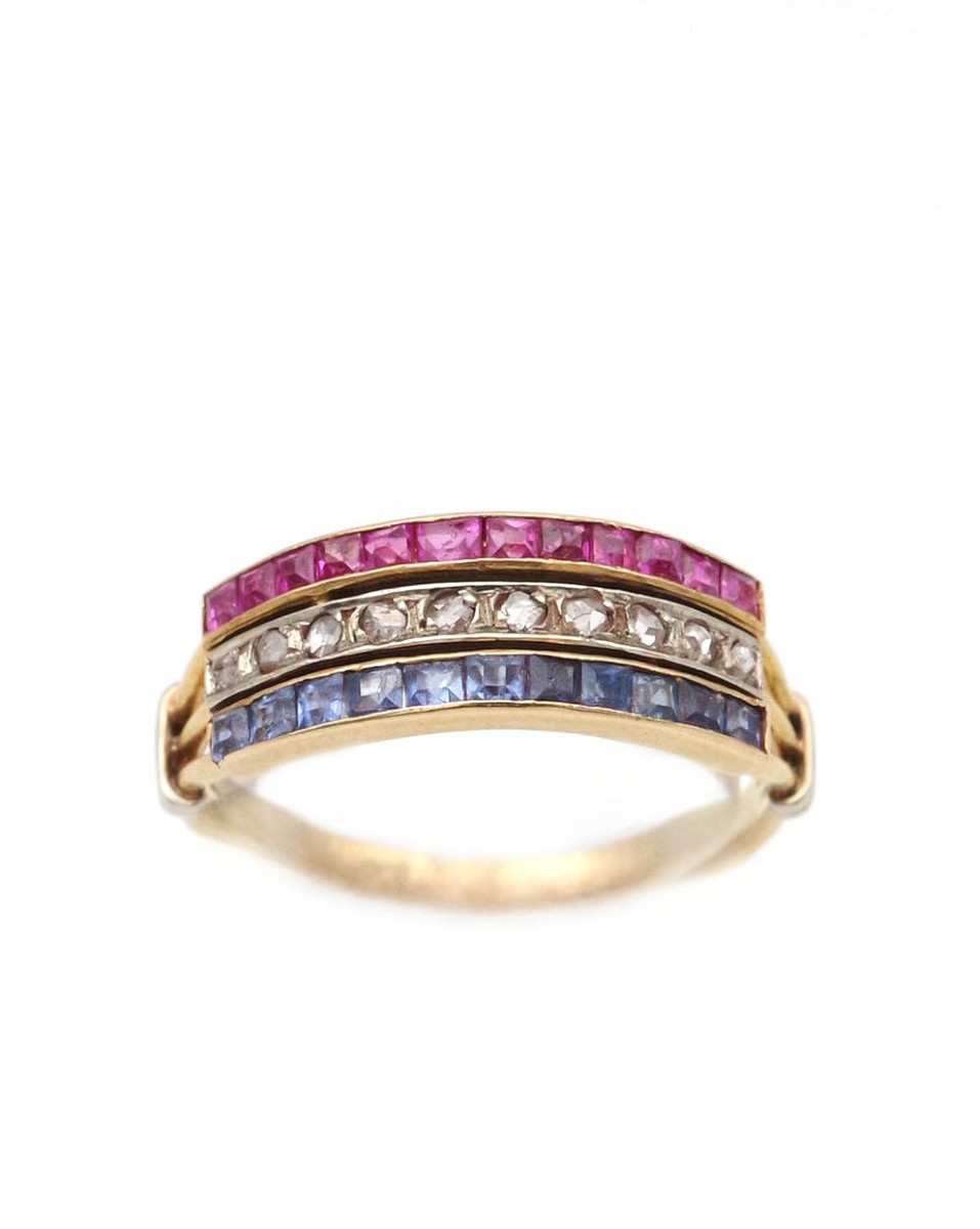 Art Deco Patriotic Ring In 18 Karat Gold, Sapphires, Rubies, Diamonds