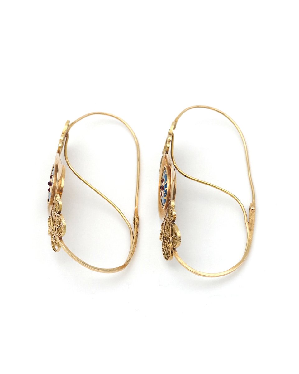 Large French Antique Bresse Poissardes Earrings In 18k Gold And Enamels-photo-2