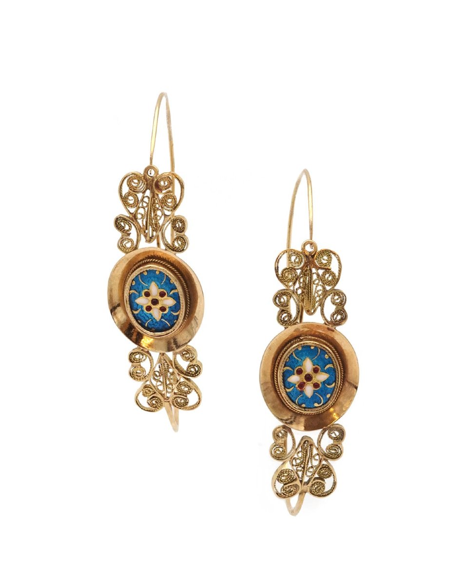 Large French Antique Bresse Poissardes Earrings In 18k Gold And Enamels-photo-3
