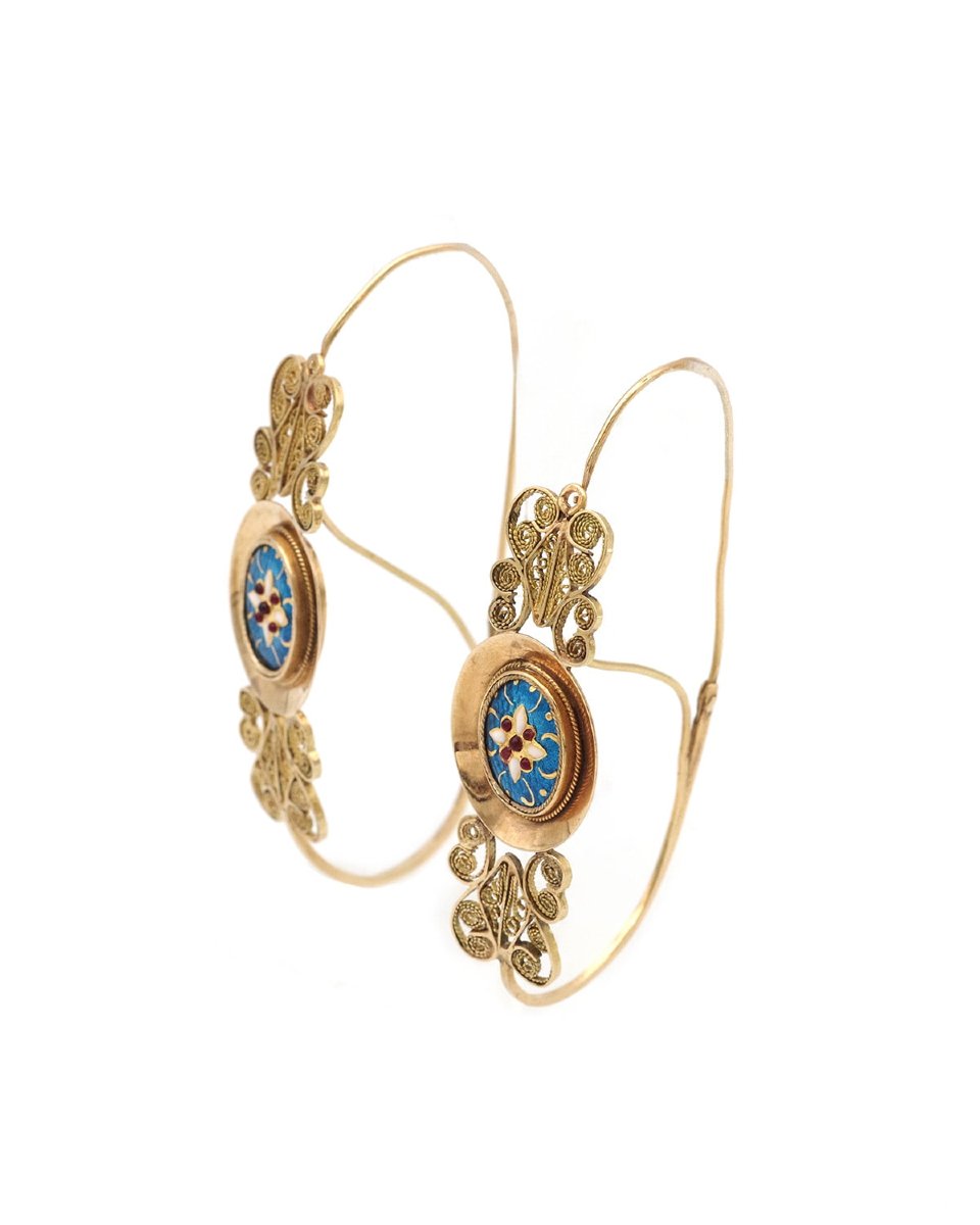 Large French Antique Bresse Poissardes Earrings In 18k Gold And Enamels-photo-4