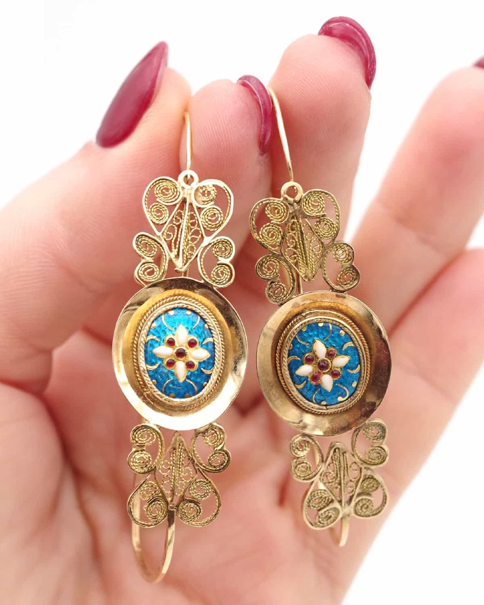 Large French Antique Bresse Poissardes Earrings In 18k Gold And Enamels-photo-1