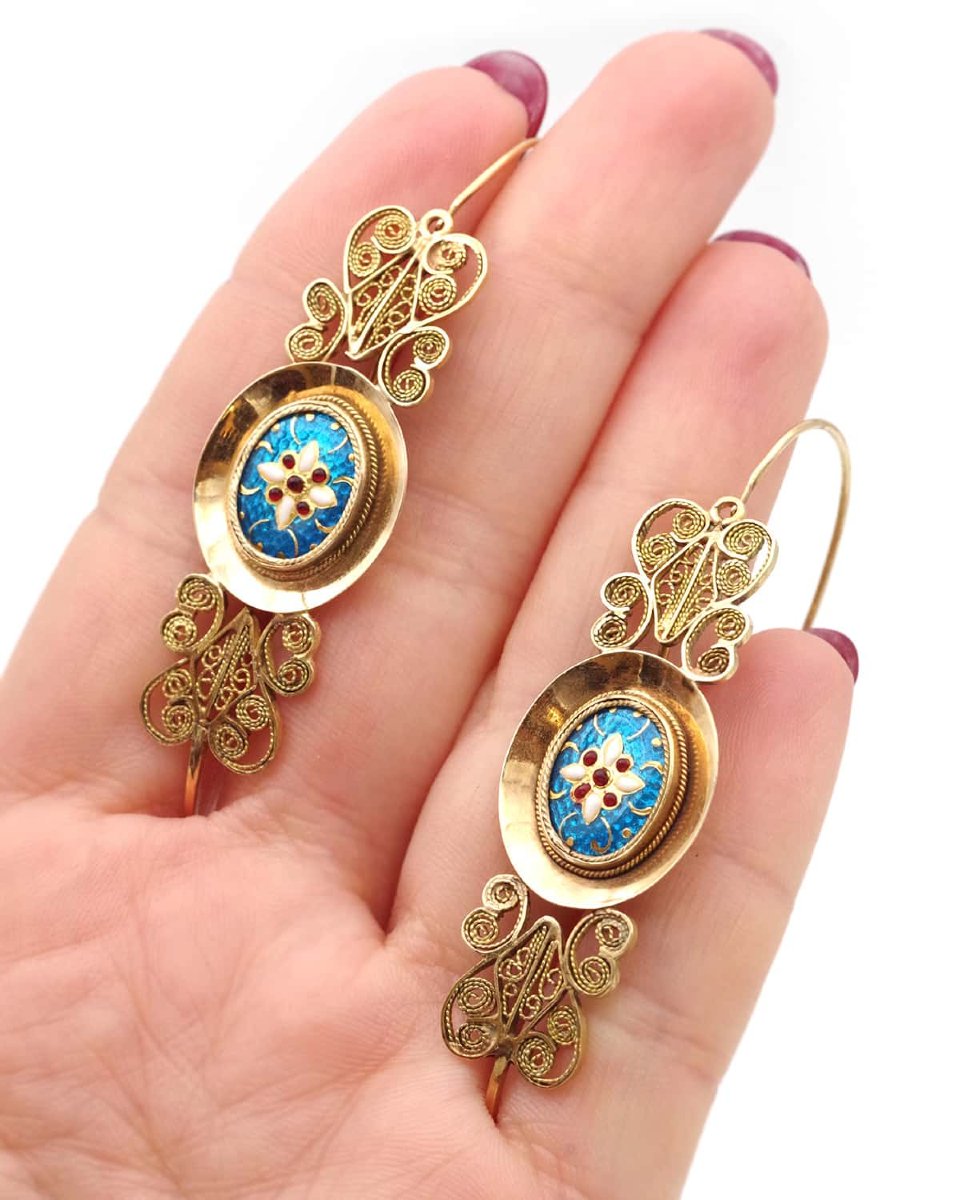 Large French Antique Bresse Poissardes Earrings In 18k Gold And Enamels-photo-2