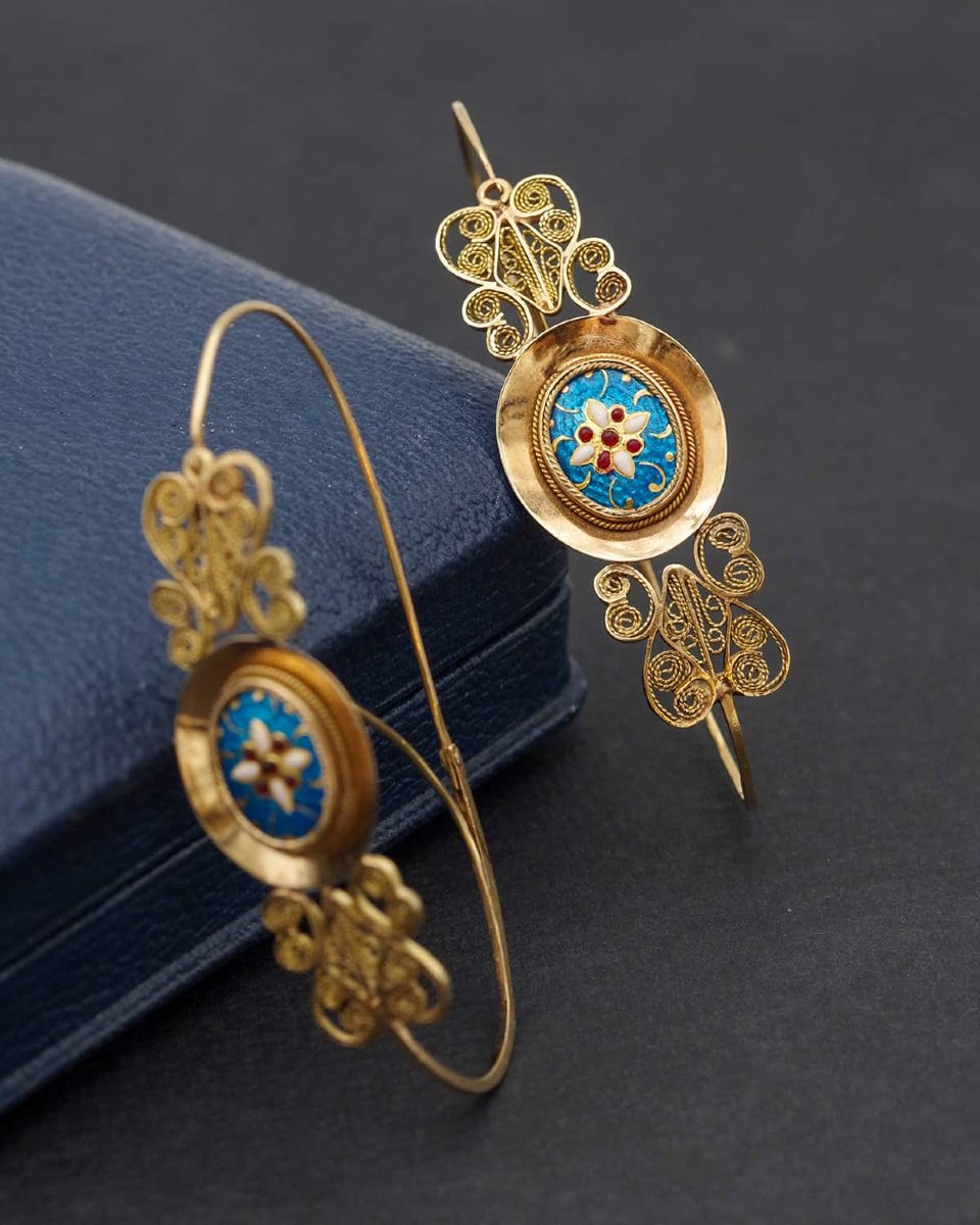 Large French Antique Bresse Poissardes Earrings In 18k Gold And Enamels-photo-3