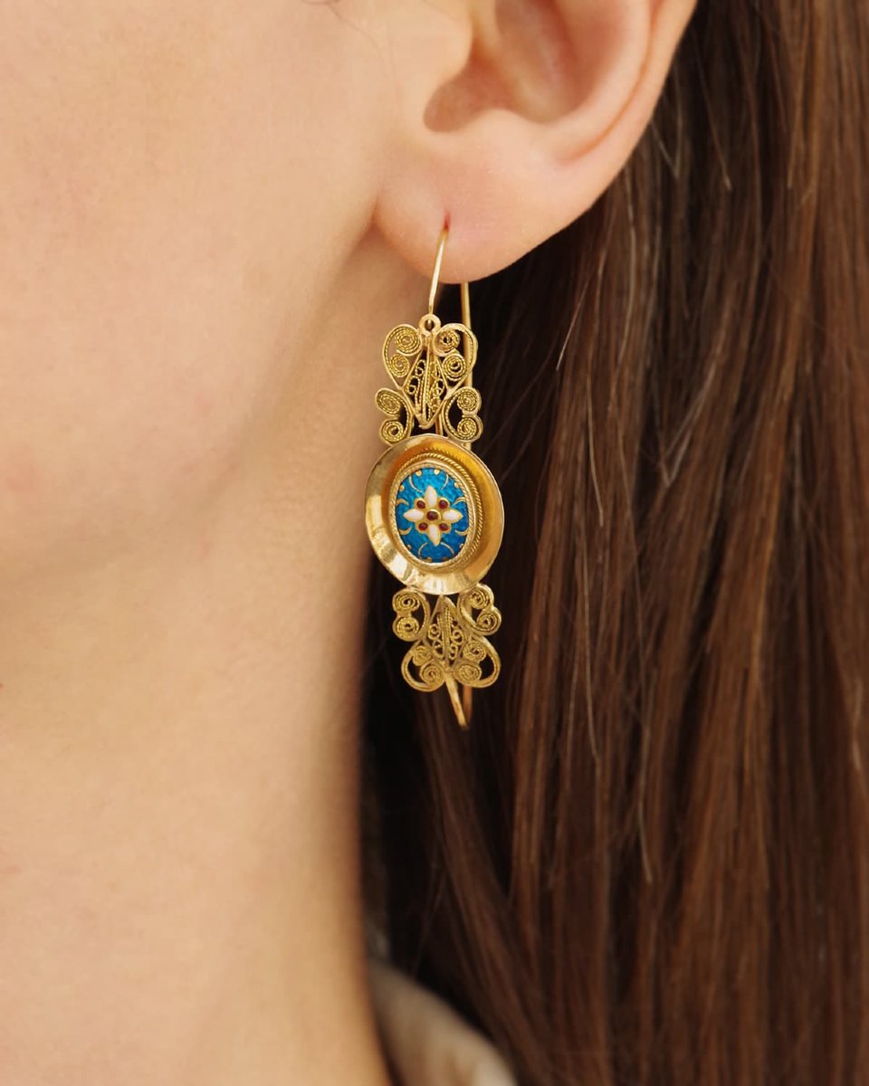 Large French Antique Bresse Poissardes Earrings In 18k Gold And Enamels-photo-4