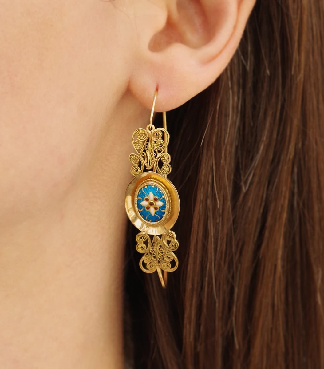 Large French Antique Bresse Poissardes Earrings In 18k Gold And Enamels