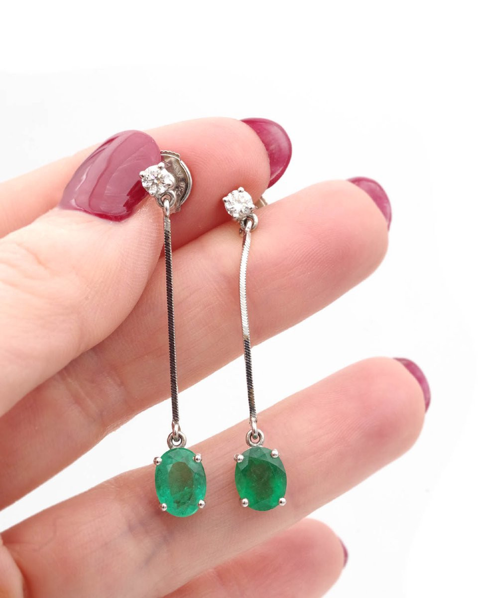 French Vintage 2 Ct Emerald And Diamond Long Earrings In 18k White Gold -photo-2