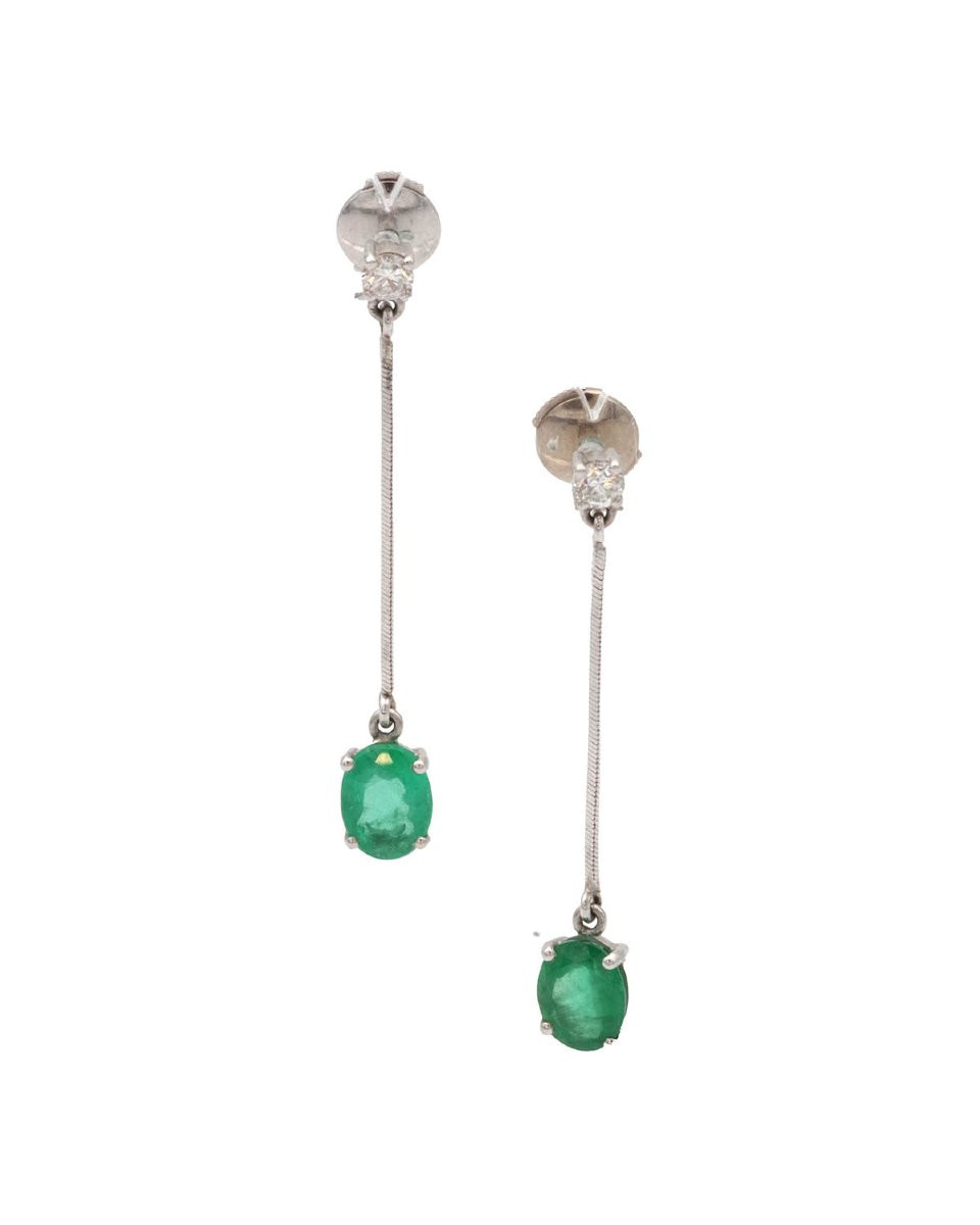 French Vintage 2 Ct Emerald And Diamond Long Earrings In 18k White Gold -photo-3