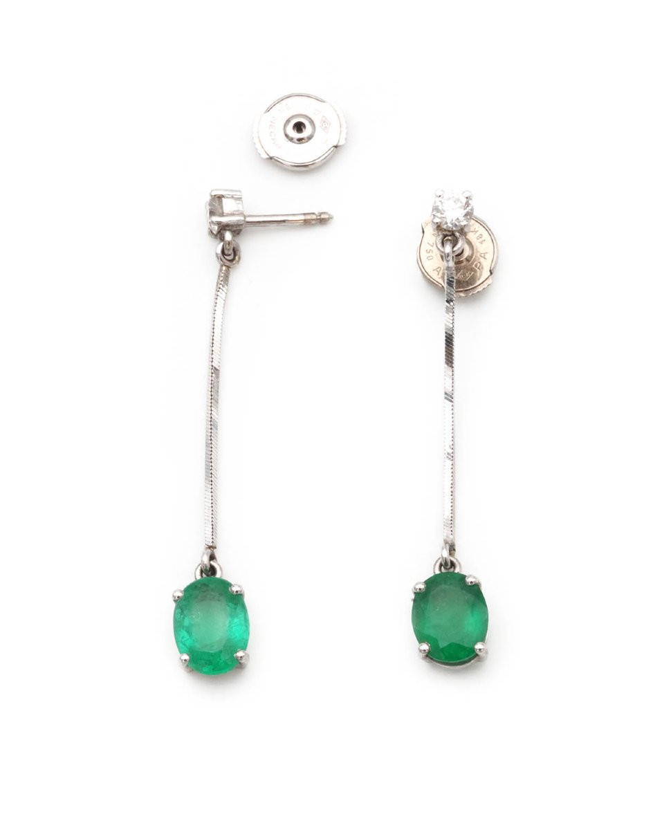French Vintage 2 Ct Emerald And Diamond Long Earrings In 18k White Gold -photo-4