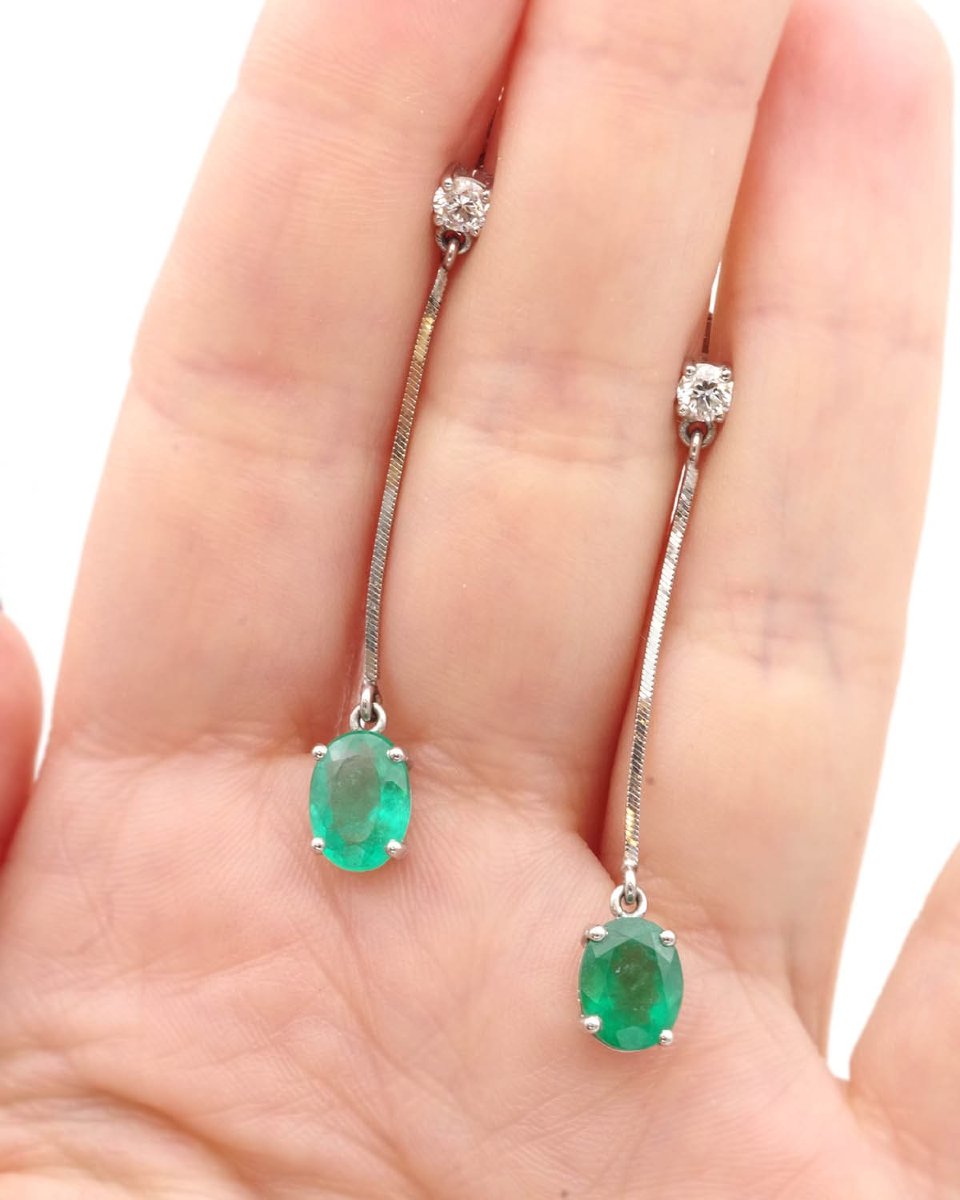 French Vintage 2 Ct Emerald And Diamond Long Earrings In 18k White Gold -photo-1