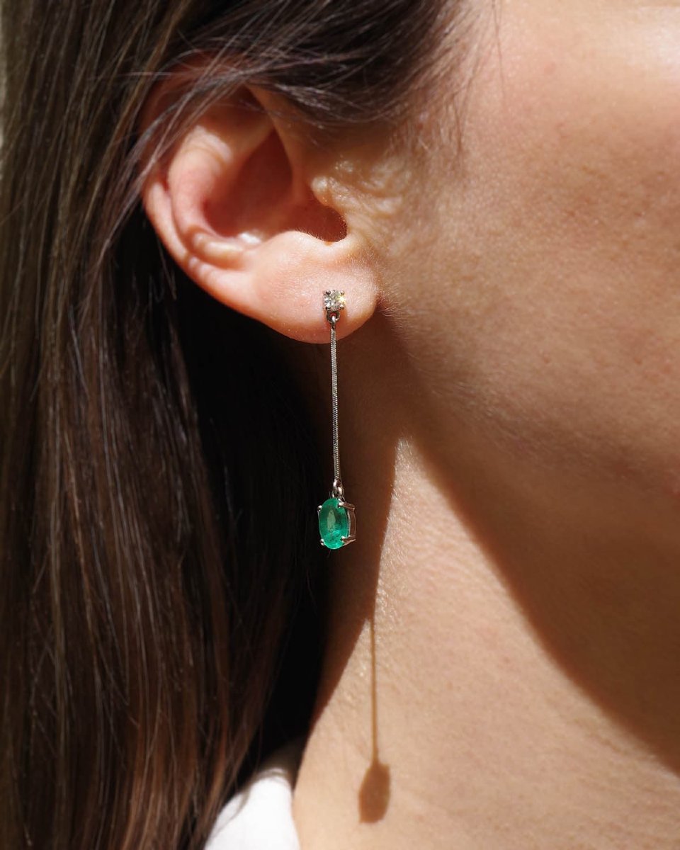 French Vintage 2 Ct Emerald And Diamond Long Earrings In 18k White Gold -photo-2