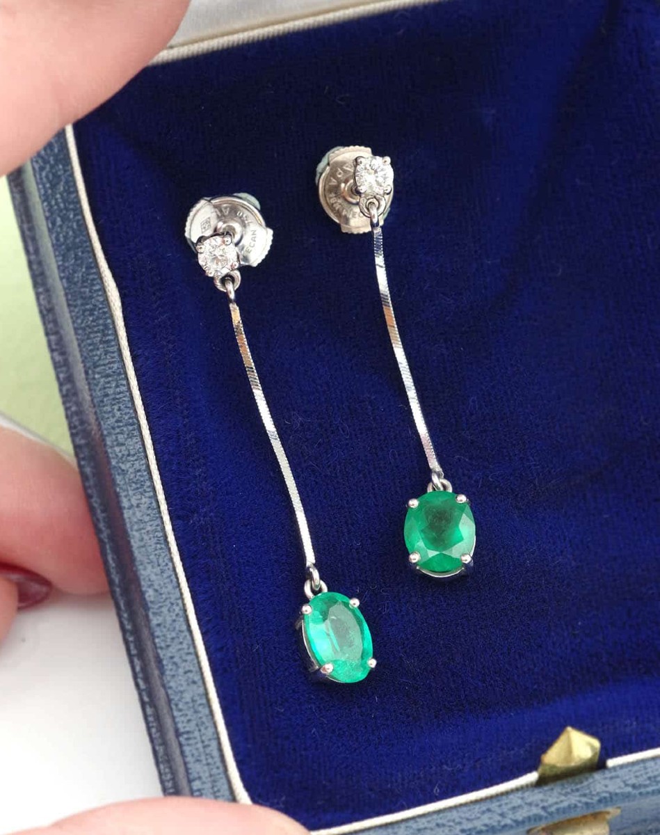 French Vintage 2 Ct Emerald And Diamond Long Earrings In 18k White Gold 