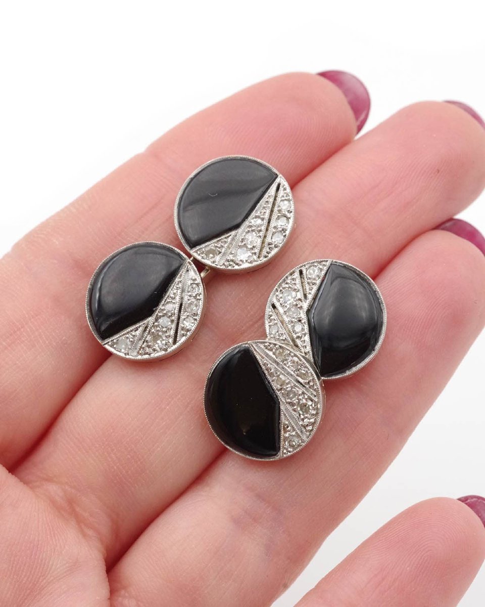Boutons de manchette Art Deco onyx en platine et or 18 karats-photo-2
