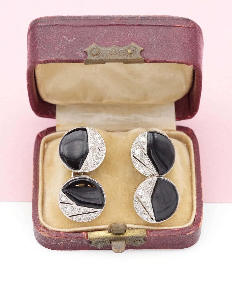 Boutons de manchette Art Deco onyx en platine et or 18 karats-photo-4