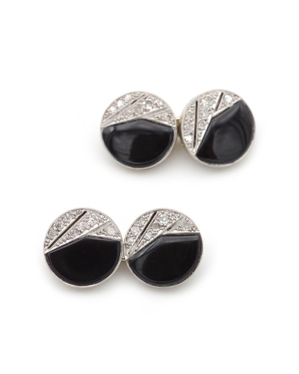 Boutons de manchette Art Deco onyx en platine et or 18 karats