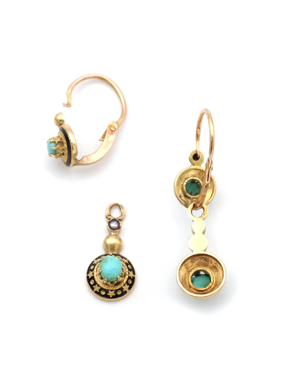 French Victorian Turquoise Day And Night Earrings In 18k Gold -photo-2