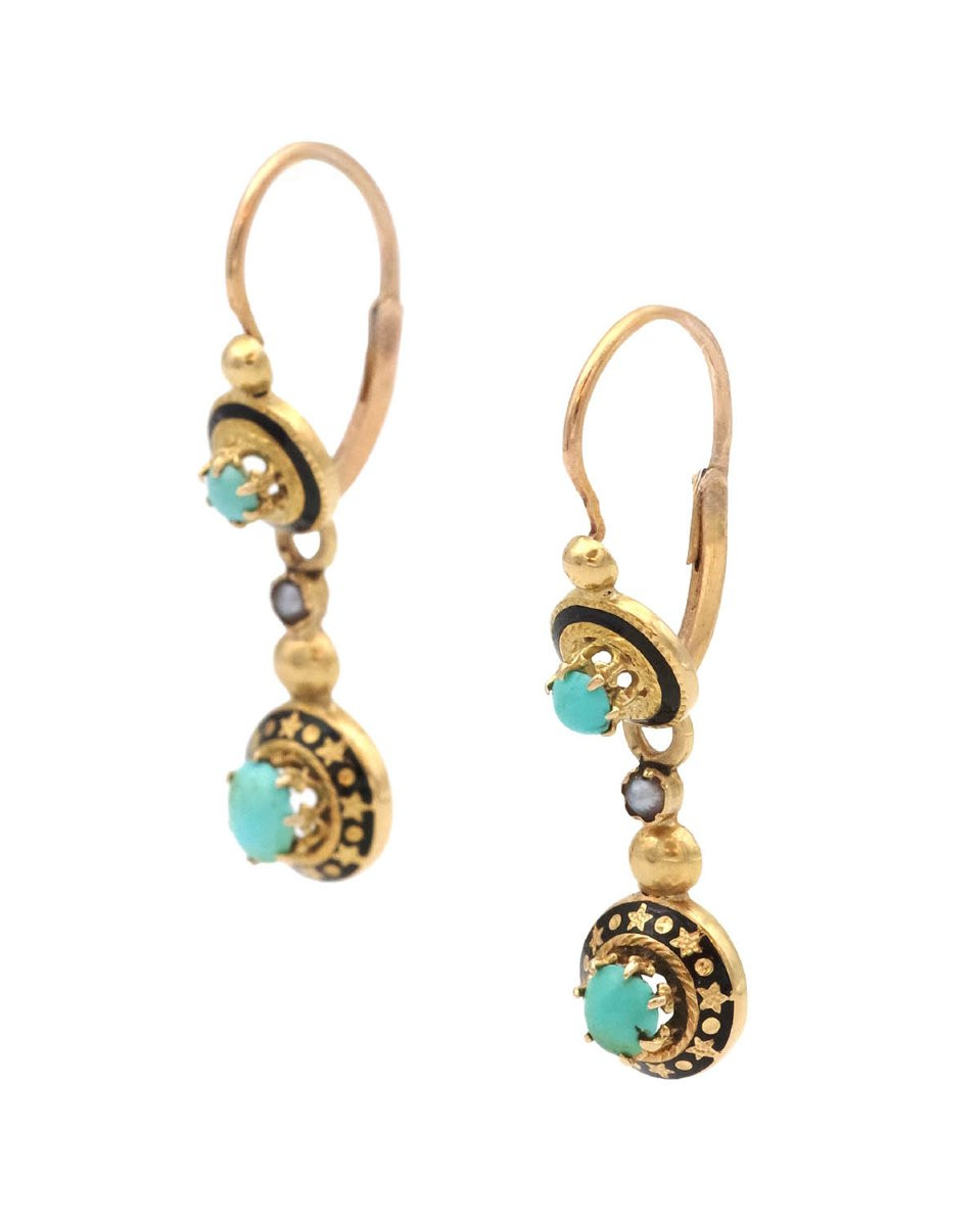 French Victorian Turquoise Day And Night Earrings In 18k Gold -photo-3