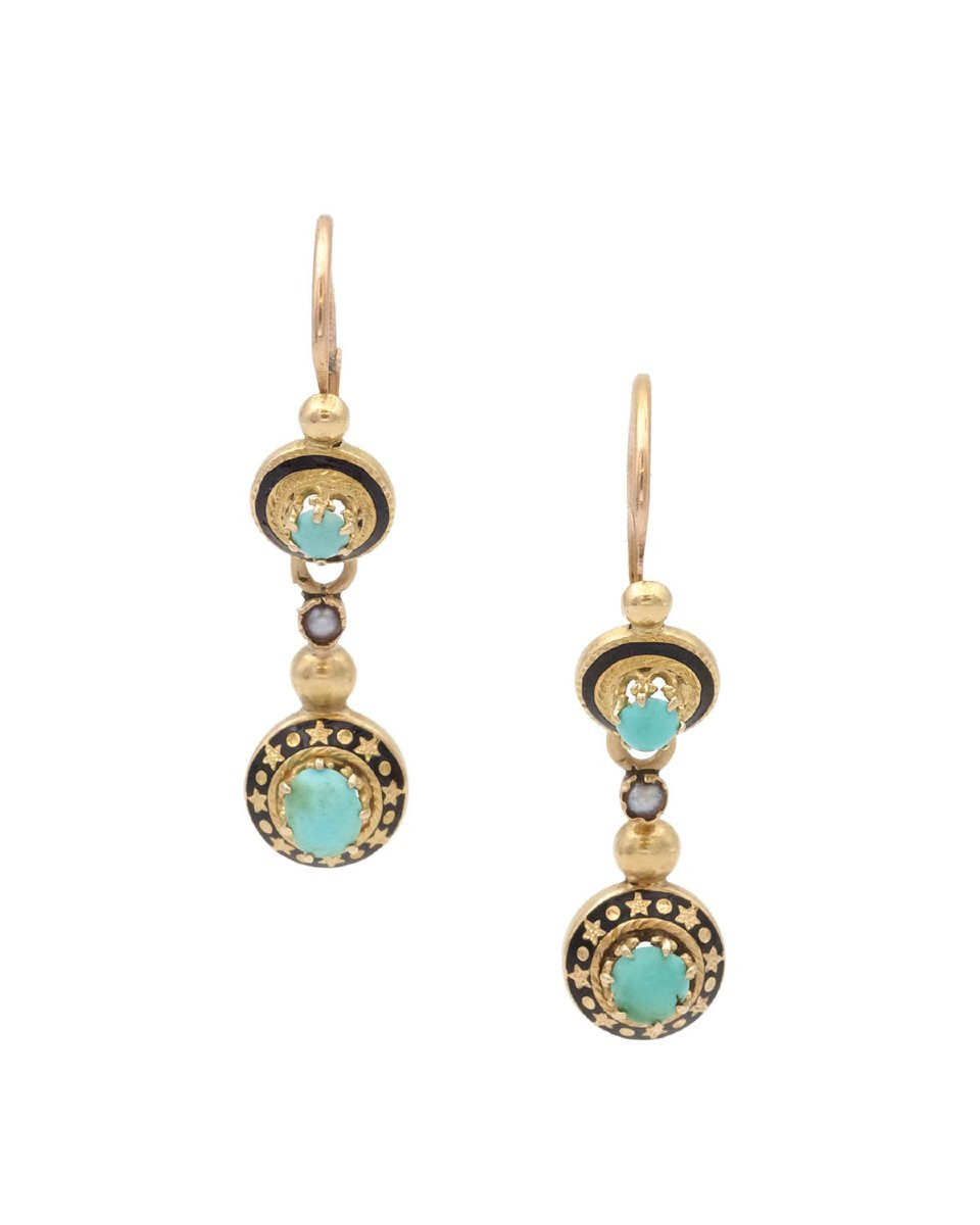French Victorian Turquoise Day And Night Earrings In 18k Gold -photo-4