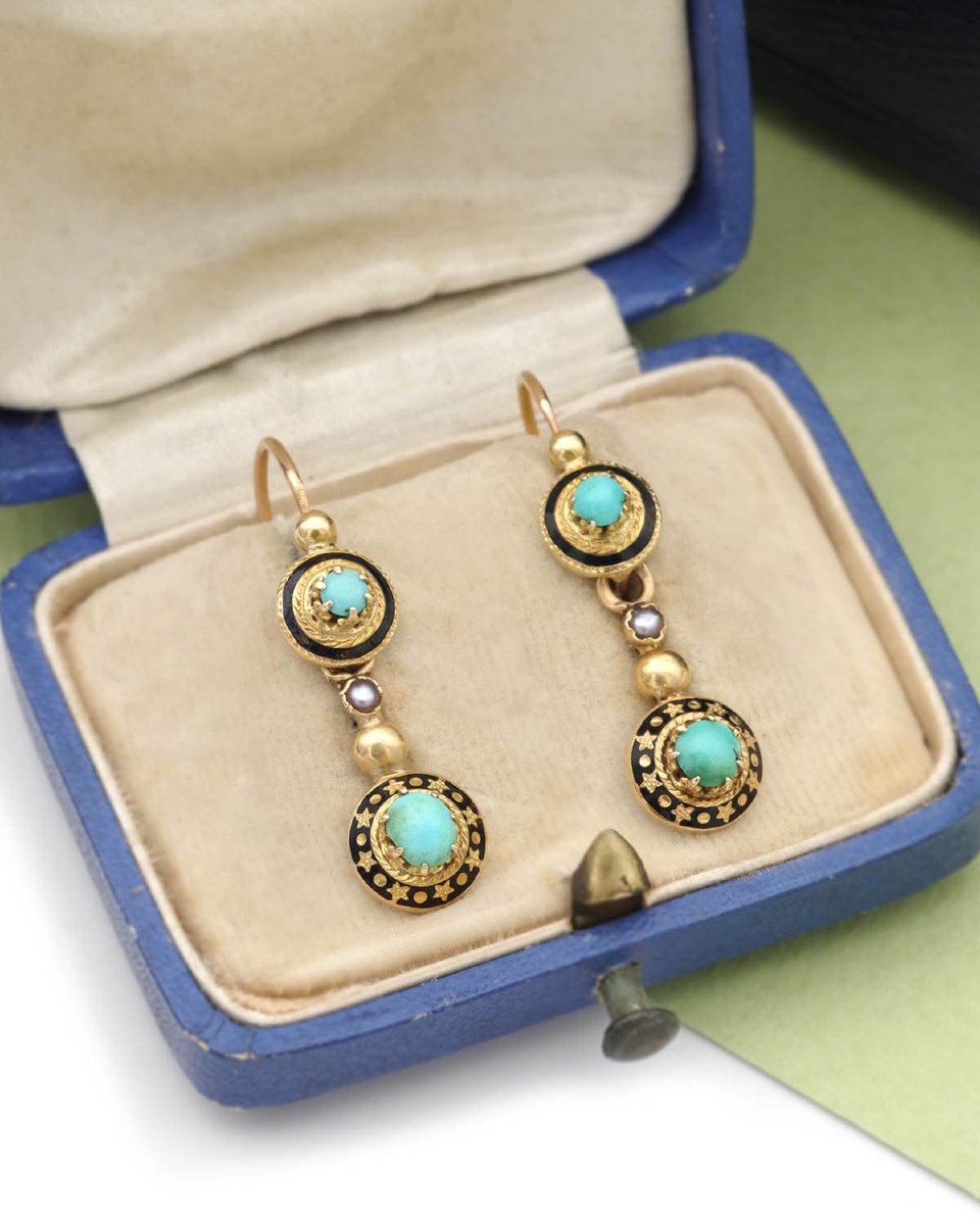 French Victorian Turquoise Day And Night Earrings In 18k Gold -photo-2