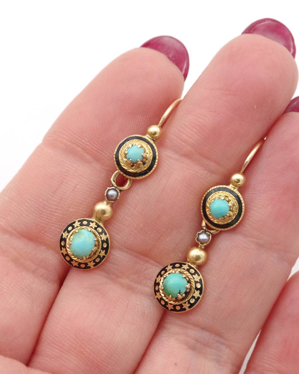 French Victorian Turquoise Day And Night Earrings In 18k Gold -photo-3