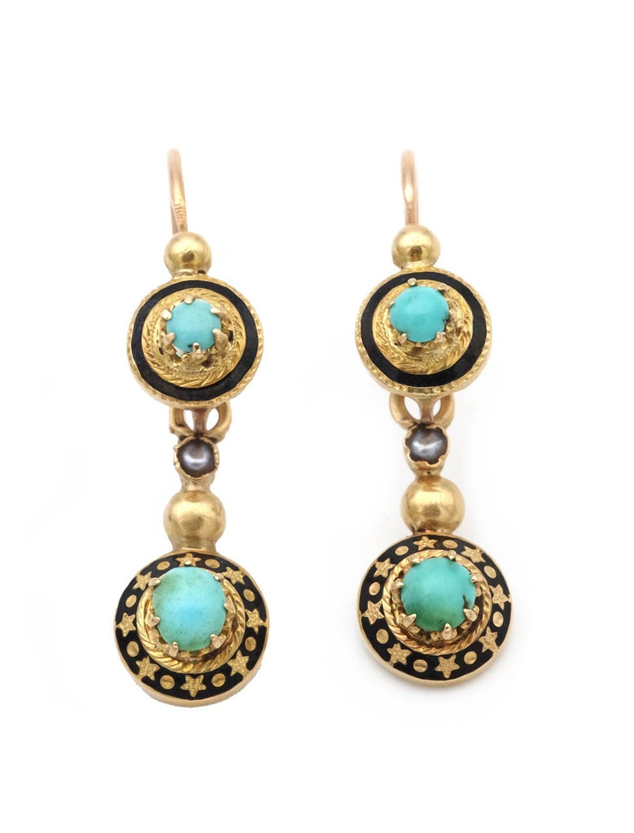 French Victorian Turquoise Day And Night Earrings In 18k Gold 