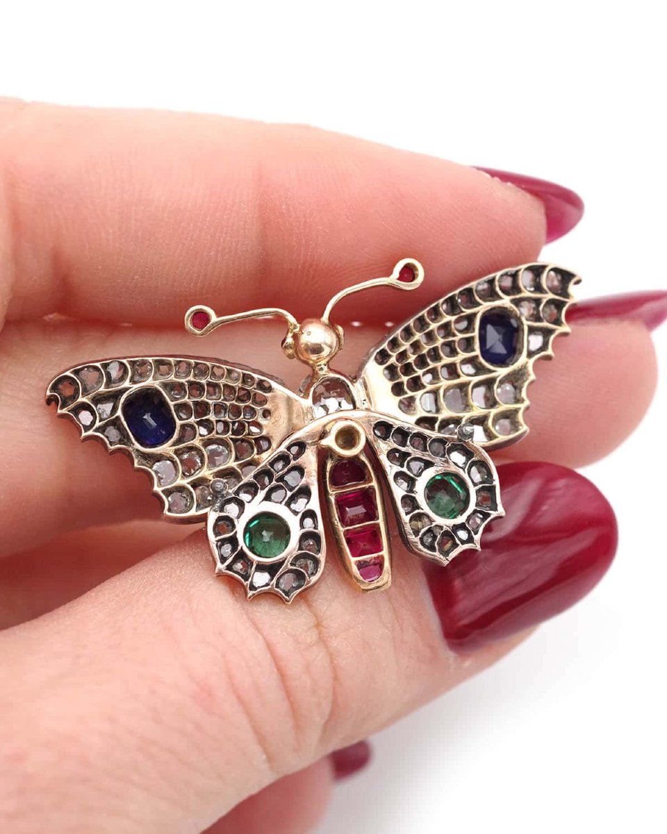 Broche ancienne papillon diamants en or 18 karats et argent-photo-2