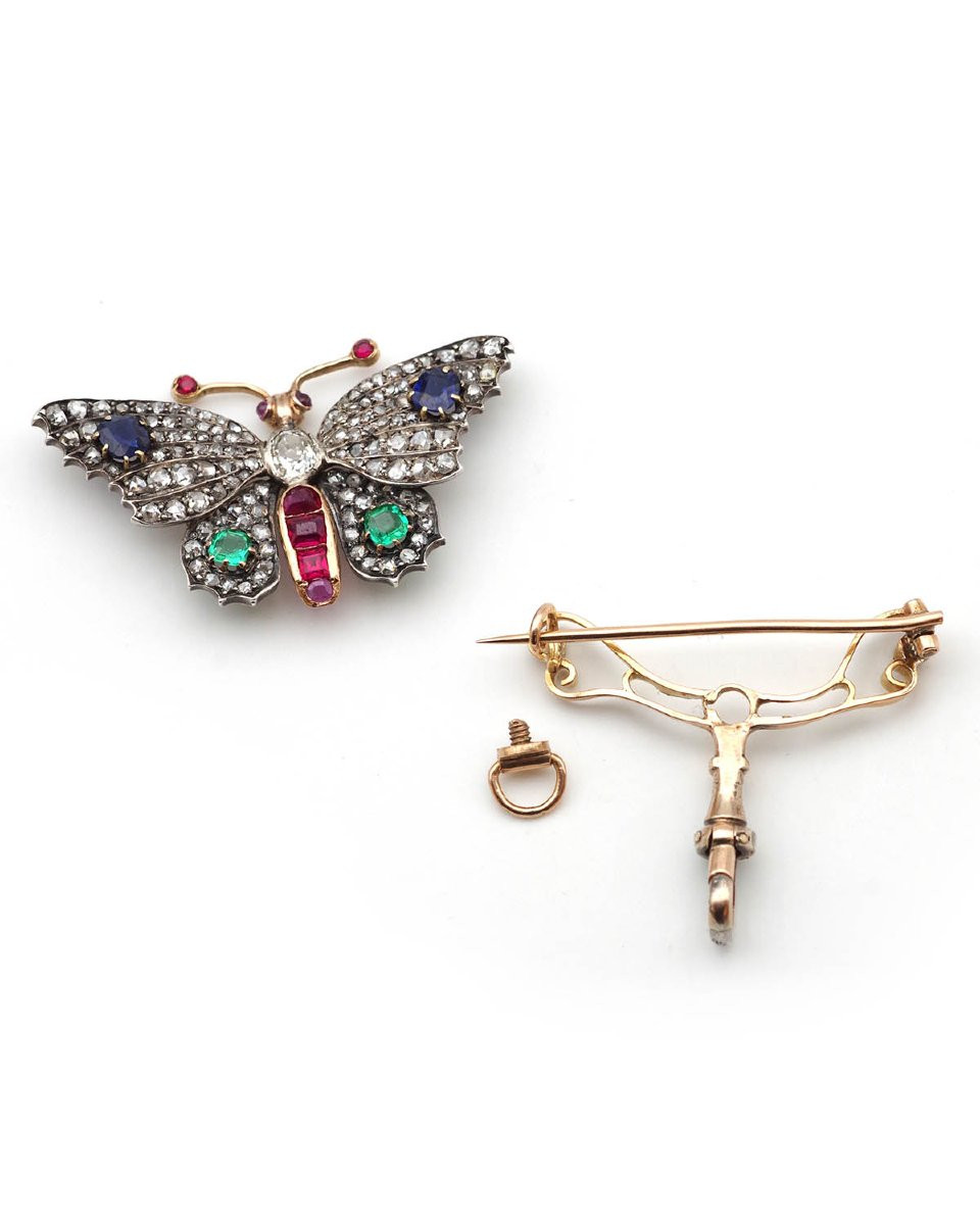 Broche ancienne papillon diamants en or 18 karats et argent-photo-3