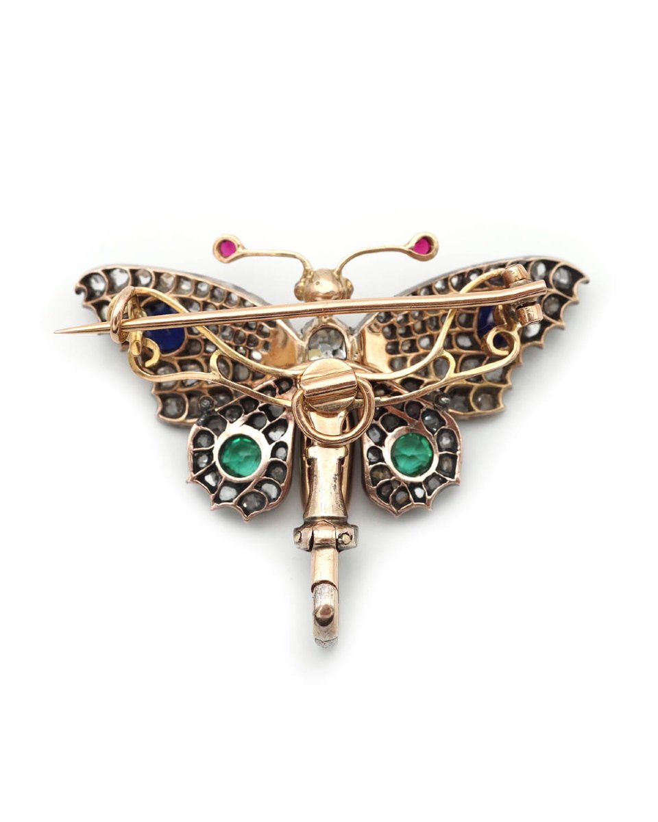 Broche ancienne papillon diamants en or 18 karats et argent-photo-4