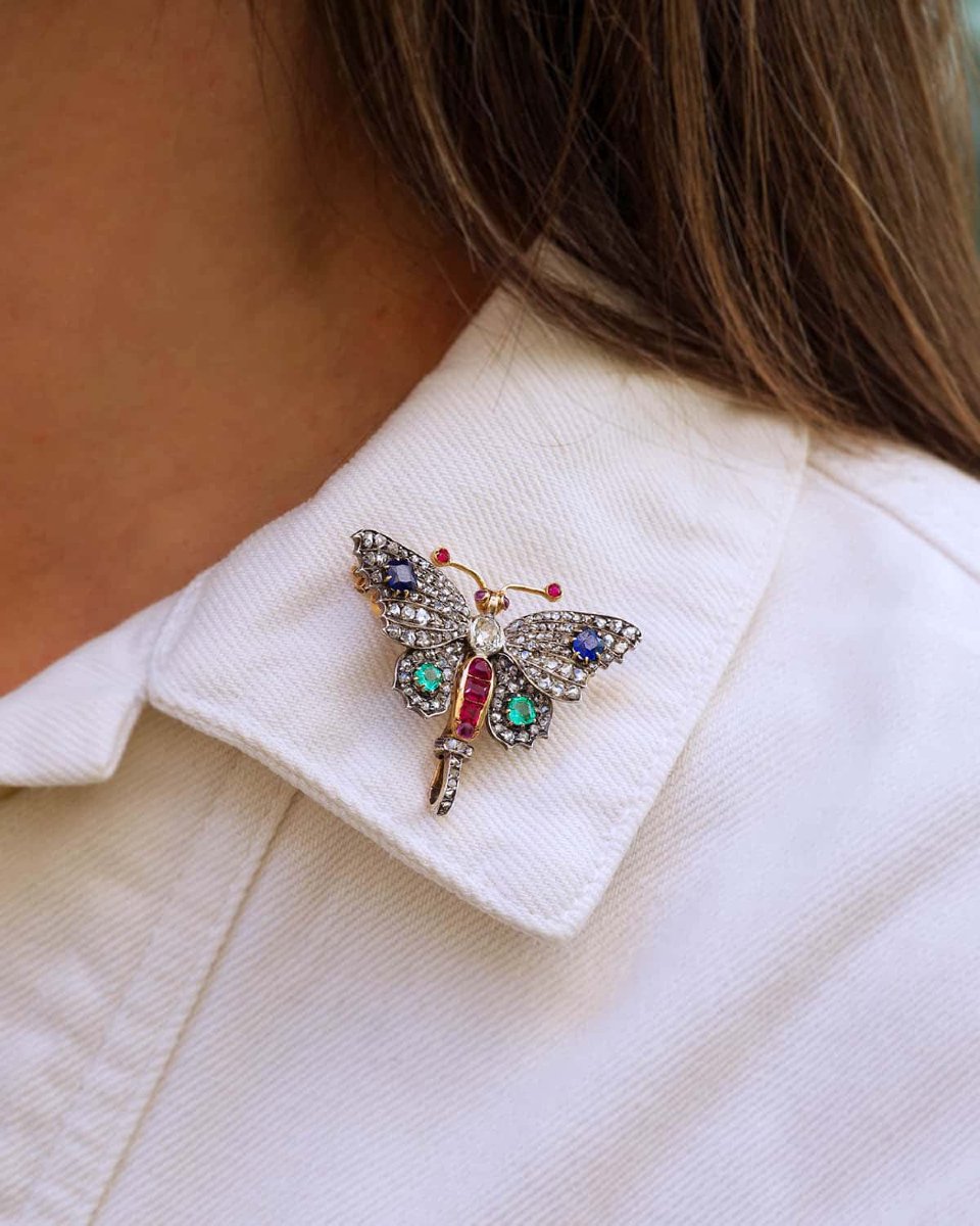 Broche ancienne papillon diamants en or 18 karats et argent-photo-3