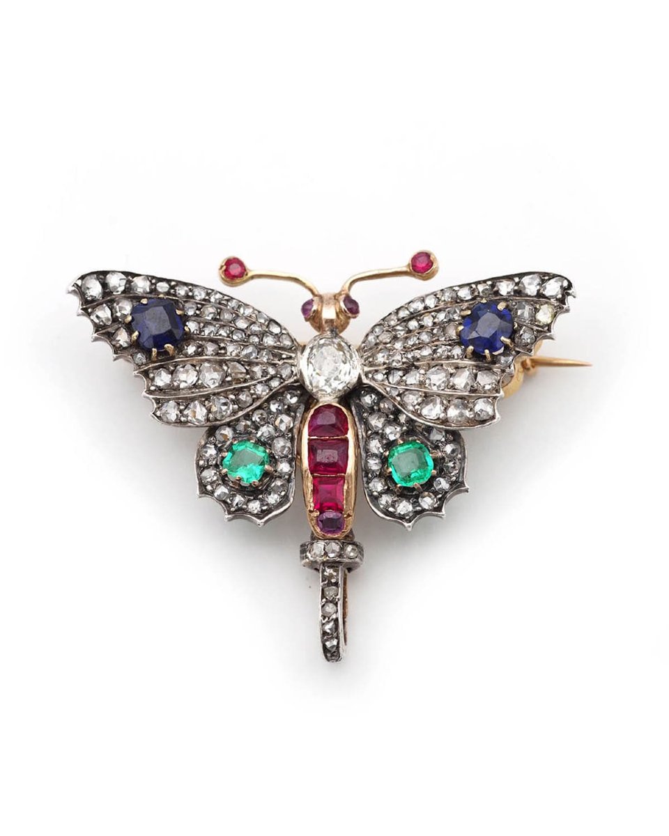 Broche ancienne papillon diamants en or 18 karats et argent-photo-4