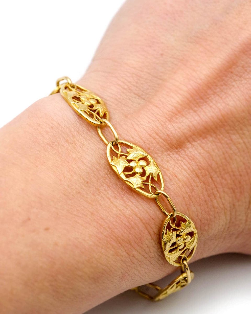 French Art Nouveau Ivy Leaves Bracelet 18k Gold, Art Nouveau Jewel-photo-3