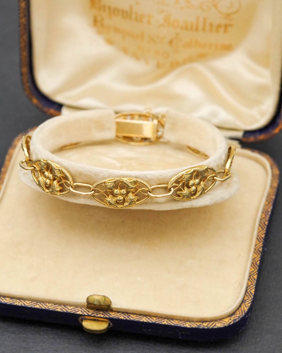 French Art Nouveau Ivy Leaves Bracelet 18k Gold, Art Nouveau Jewel-photo-2