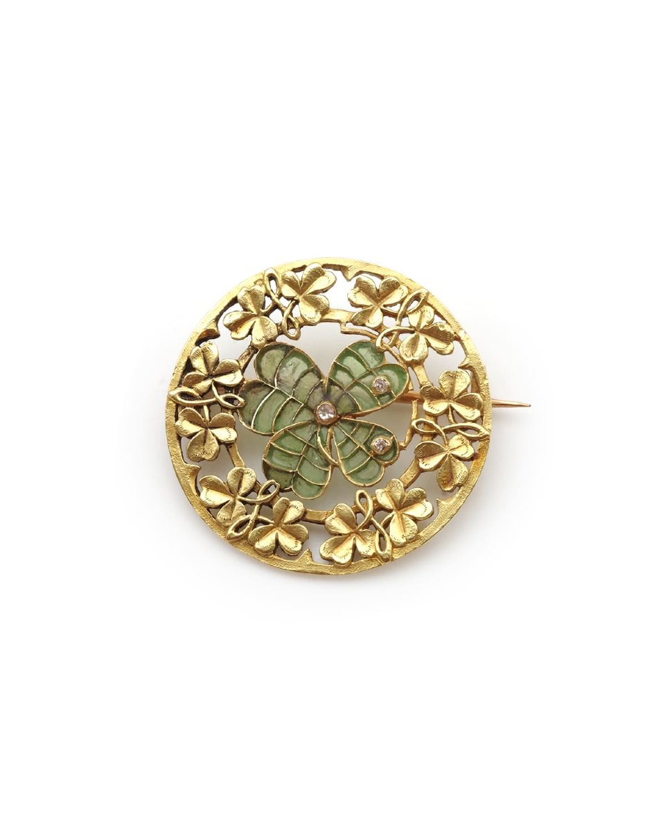 Plique-à-jour Enamel Clover Brooch In 18 Karat Gold, Art Nouveau -photo-2
