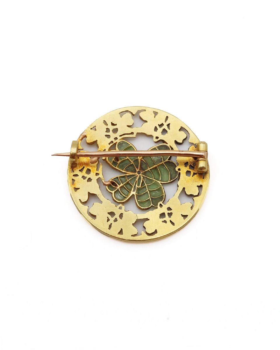 Plique-à-jour Enamel Clover Brooch In 18 Karat Gold, Art Nouveau -photo-3