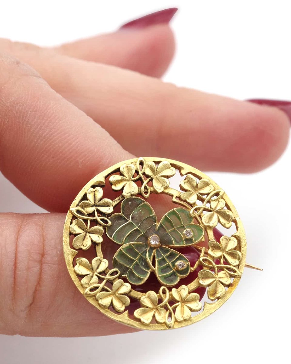 Plique-à-jour Enamel Clover Brooch In 18 Karat Gold, Art Nouveau -photo-4