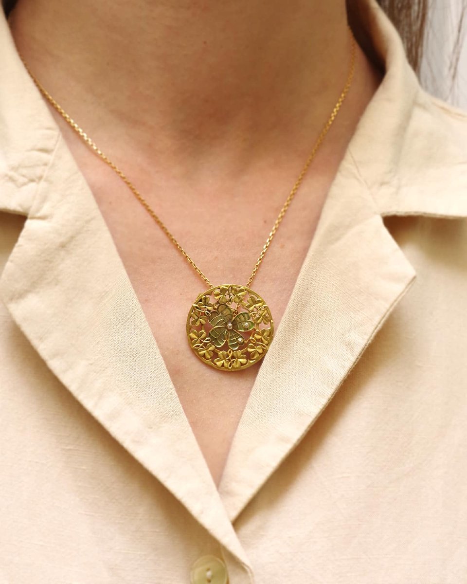 Plique-à-jour Enamel Clover Brooch In 18 Karat Gold, Art Nouveau -photo-2