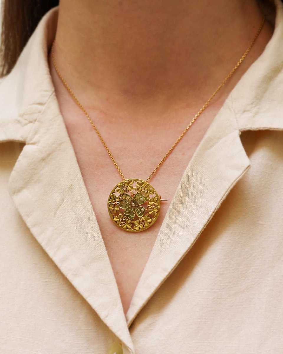 Plique-à-jour Enamel Clover Brooch In 18 Karat Gold, Art Nouveau -photo-3