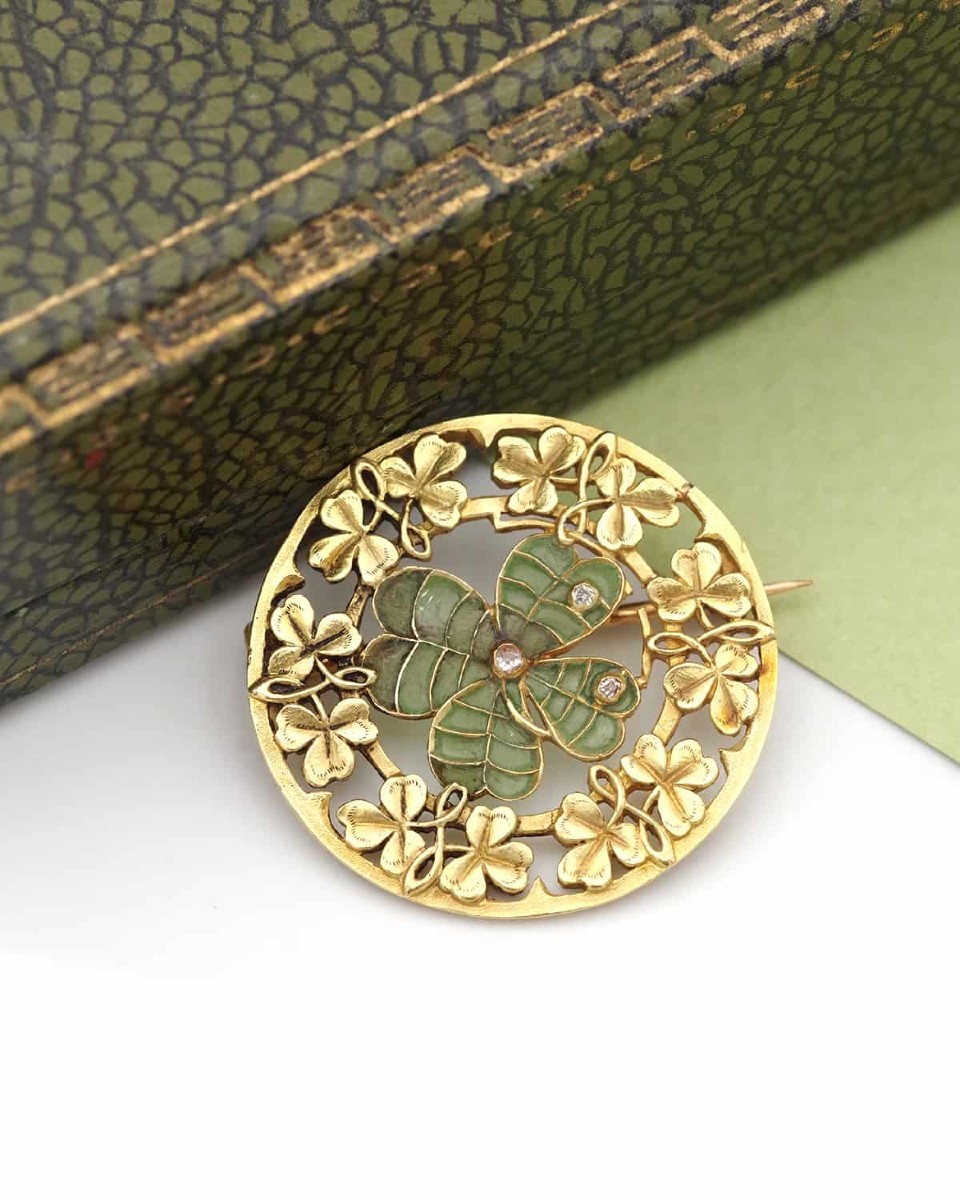 Plique-à-jour Enamel Clover Brooch In 18 Karat Gold, Art Nouveau 
