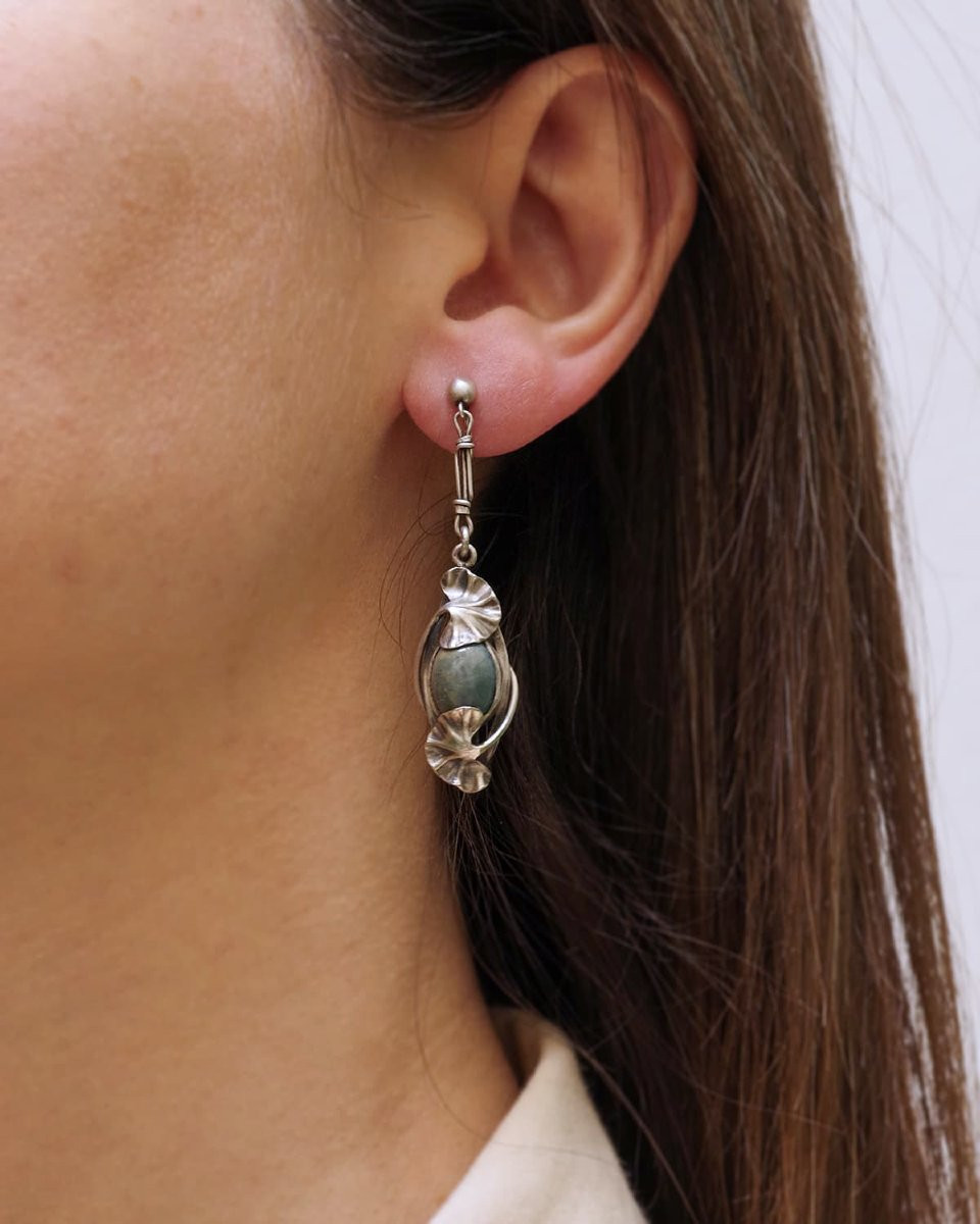 Paul Dumont Jasper Ginkgo Earrings In Silver, Art Nouveau -photo-3