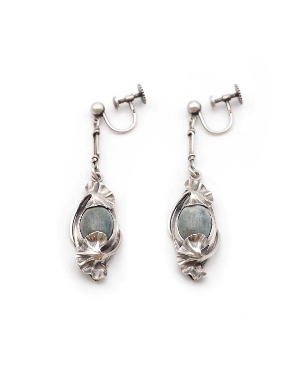 Paul Dumont Jasper Ginkgo Earrings In Silver, Art Nouveau -photo-4
