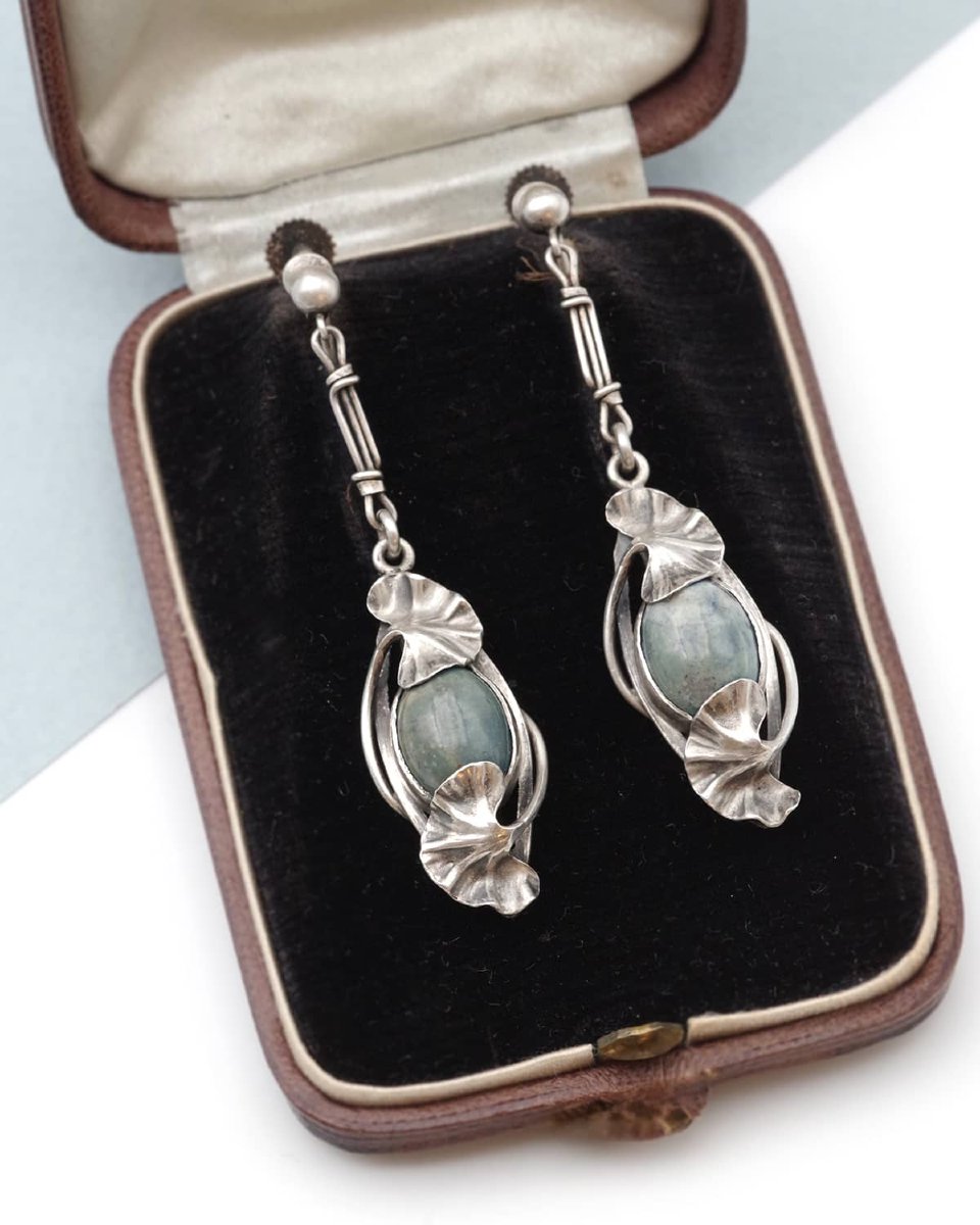 Paul Dumont Jasper Ginkgo Earrings In Silver, Art Nouveau -photo-1